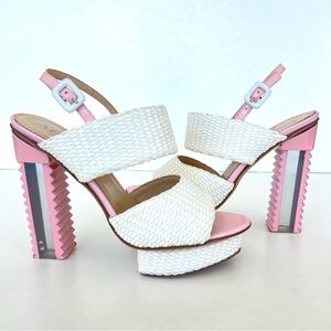 APERLAI Paris White Wicker Style Pink Leather Ankle Strap  Lucite Heel Sz 38